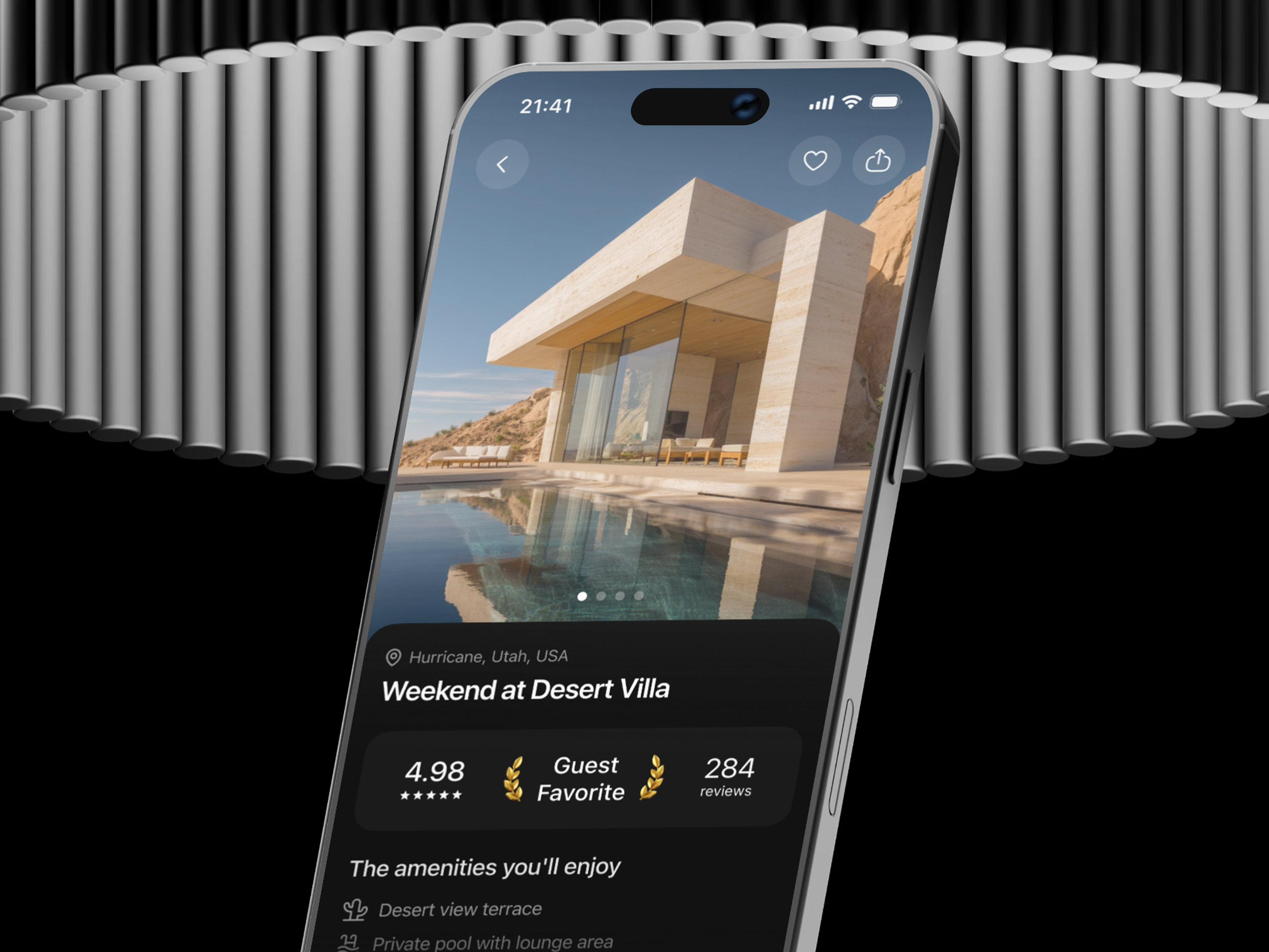 Weekend Desert Villa – Booking App UI amenities amenities list booking booking app cards cta dark mode e commerce hotel app minimal mobile ux navigation product page property rating rating stars review travel ui ui