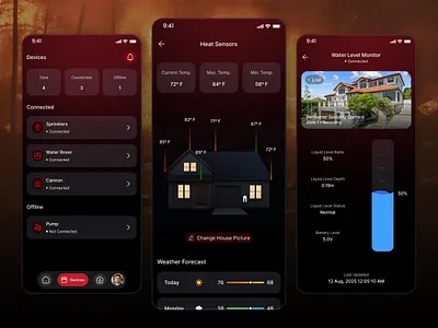 Smart Home Monitoring App – IoT Mobile controls dark theme design device emergency fire glass effect iot mobile app qala sensor smart app smart house trending ui design uiux