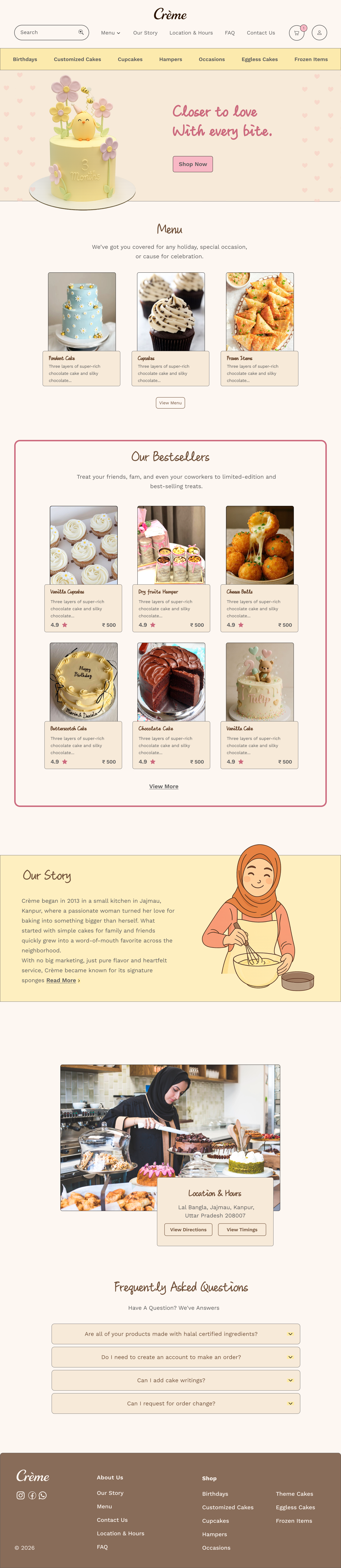 Crème – Bakery Website UI/UX Design bakery website brand branding design ecommerce figma graphic design hero section illustration landing page logo minimal pastel typography ui design uiux warm web web design website