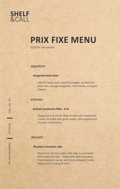 SHELF & CALL | Prix Fixe Menu Mockup branding design graphic design logo menu print restaurant
