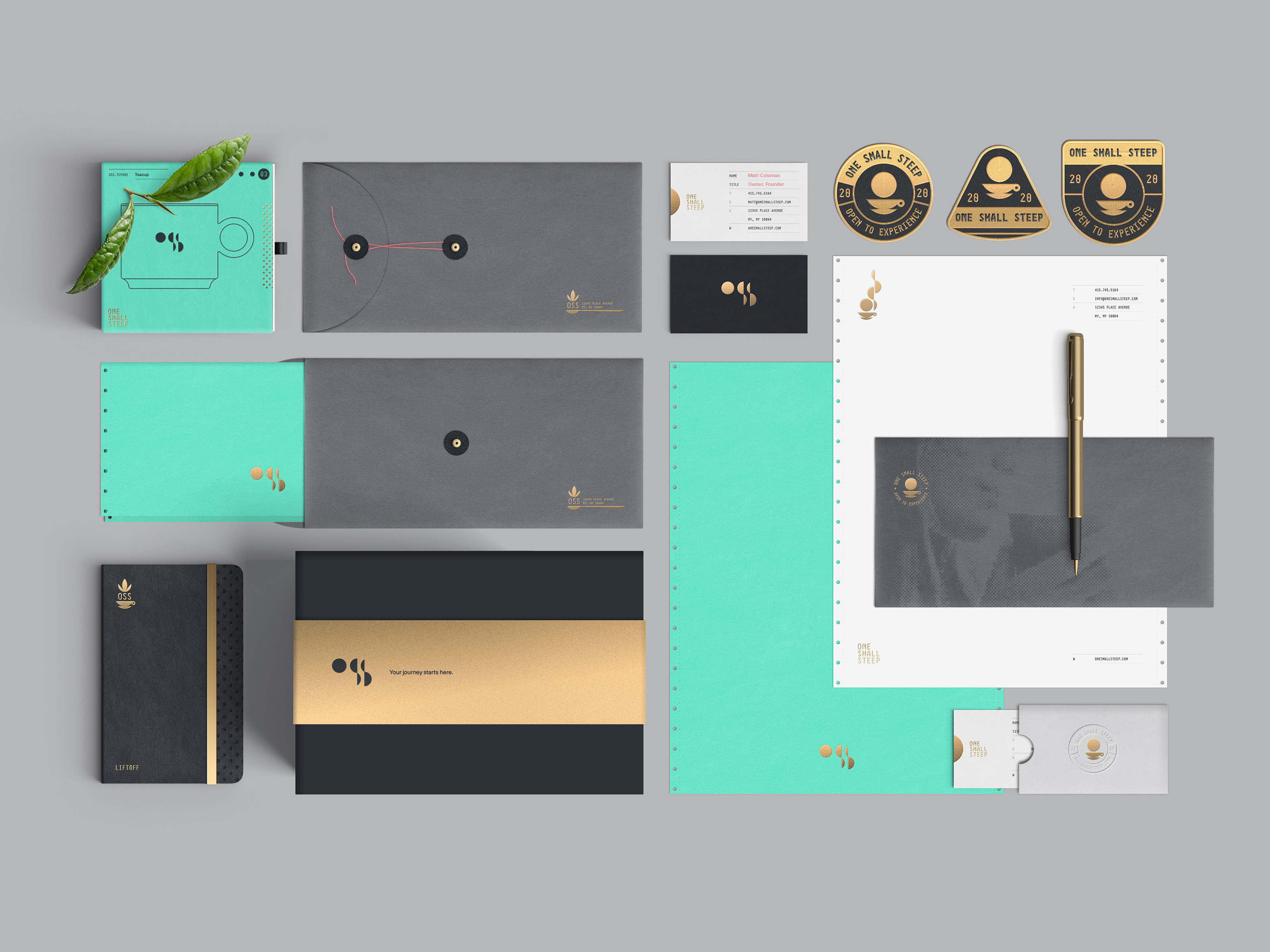 One Small Steep branding design geometric green illustration logo moon nasa space stationery tea typography