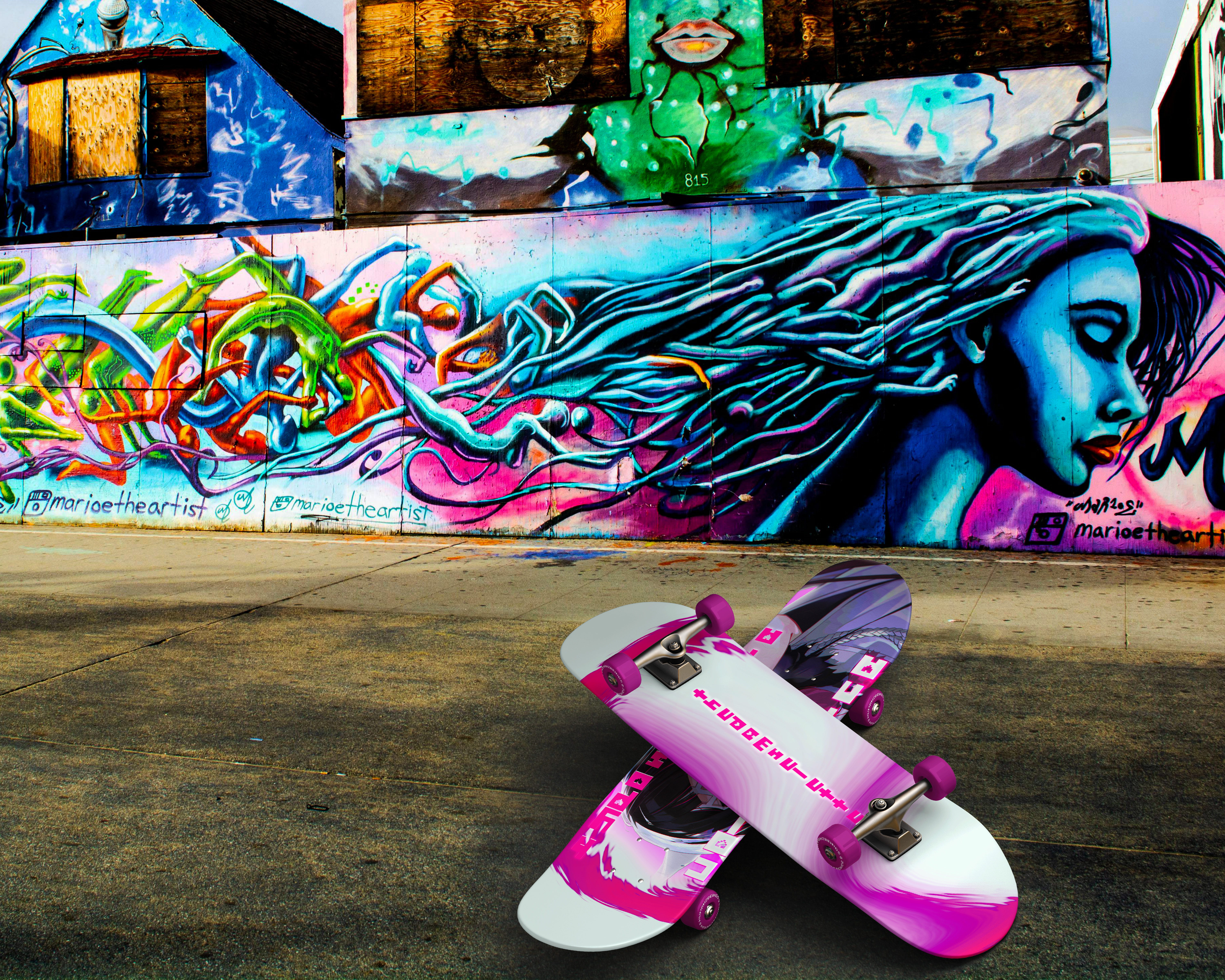 Columbina / The Damselette — Skateboard Deck Print Design anime illustration character design columbina damselette deck art fatui harbinger genshin impact merch design pink aesthetic print design product concep skateboard design streetwear typography