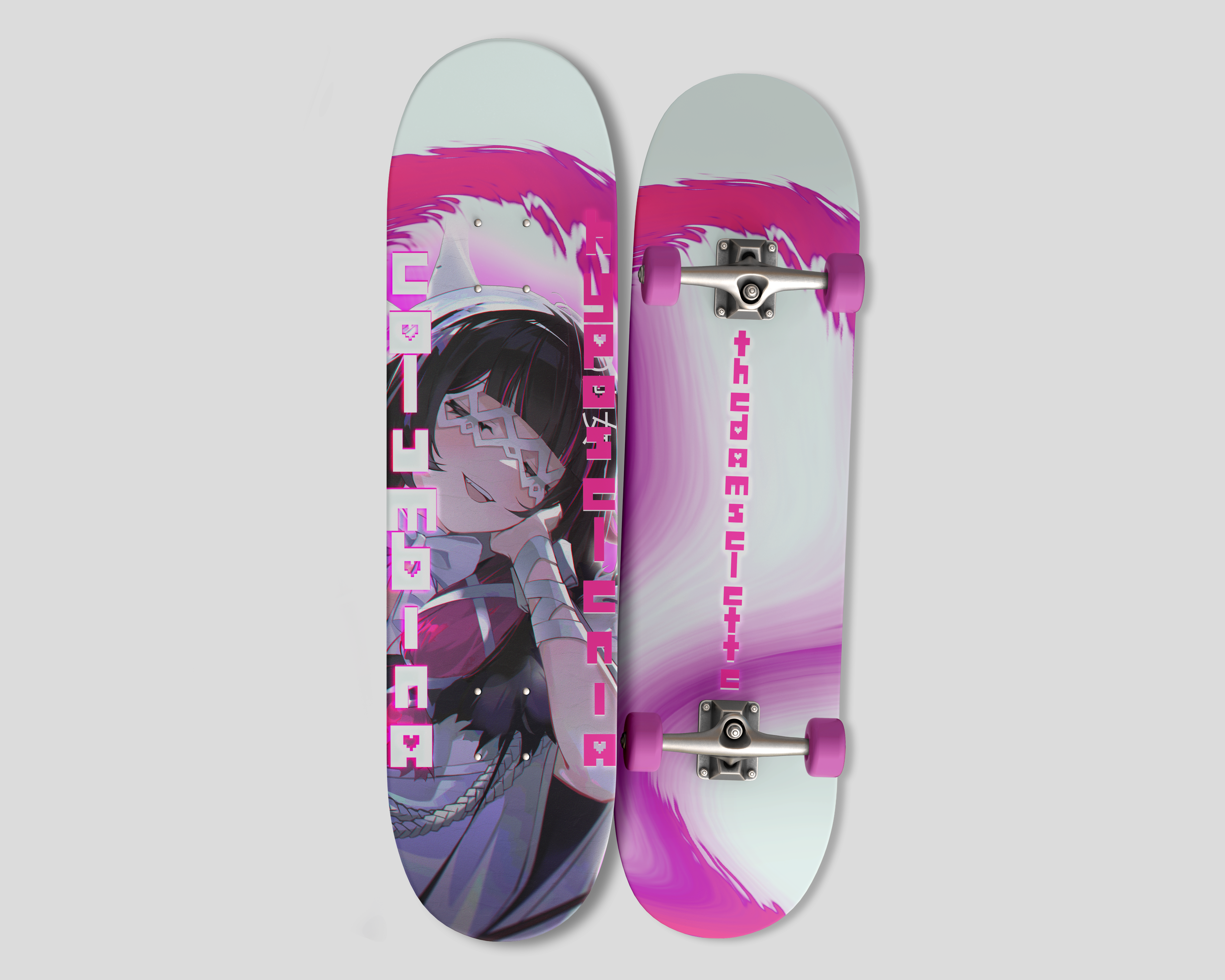 Columbina / The Damselette — Skateboard Deck Print Design anime illustration character design columbina damselette deck art fatui harbinger genshin impact merch design pink aesthetic print design product concep skateboard design streetwear typography