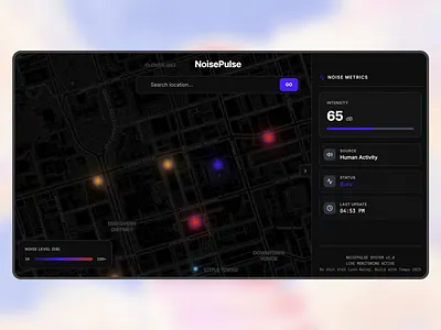 Noisepulse - A real-time noise-visualizing map - made with Tempo ai mock animation design challenge graphic design map analysis motion graphics mvp product portfolio product design real time search map functionality tempo tempo labs ui vibrant user interface web app webdesign