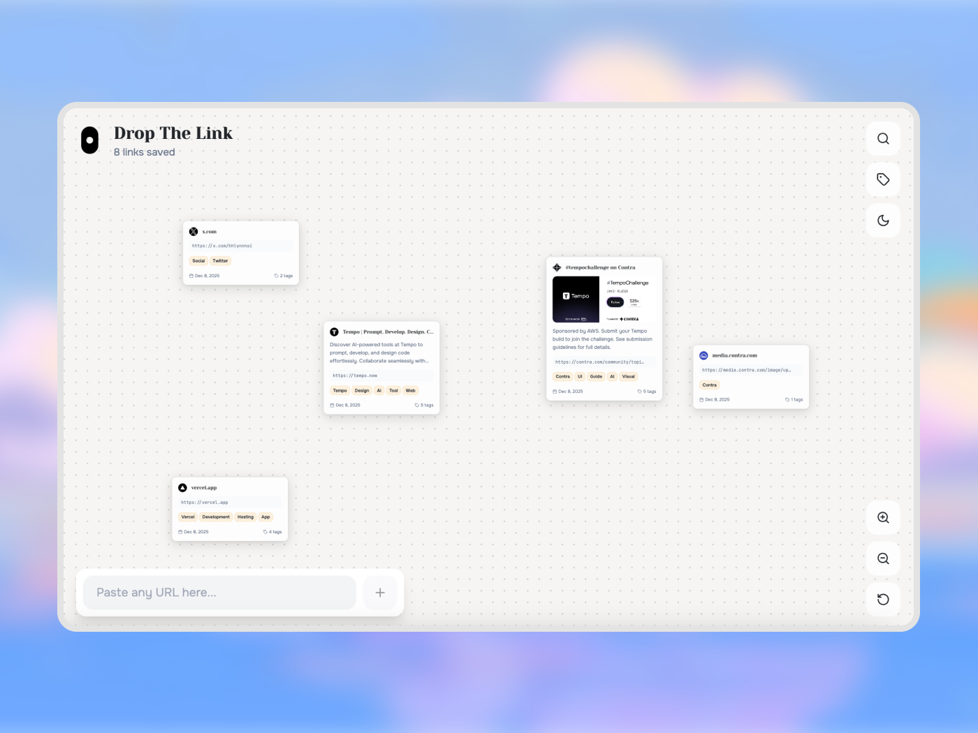Drop the Link - Visual link-saving canvas with auto-tagging portfolio tempo ui web application webdesign