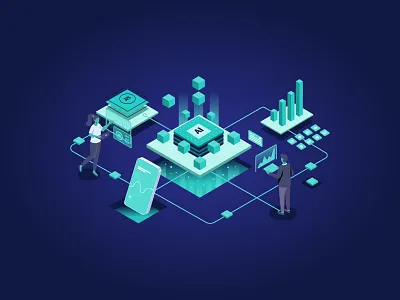 AI Powered Business and Smart Data Isometric Illustration 3d isometric ai analytics artificial intelligence cloud computing connectivity dark mode dashboard data visualization futuristic isometric network software development teal tech illustration technology ui ux vector web design