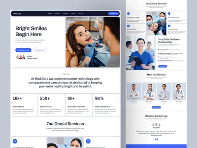 DentLab - Dental Care Landing Page clinic clinic website dental appointmenr dental clinic dental implants dental services dental treatment dentist dentistry doctor booking health treatment healthcare hospital landing page medical website orthodontist teeth whitening treatment web clinic web dentist