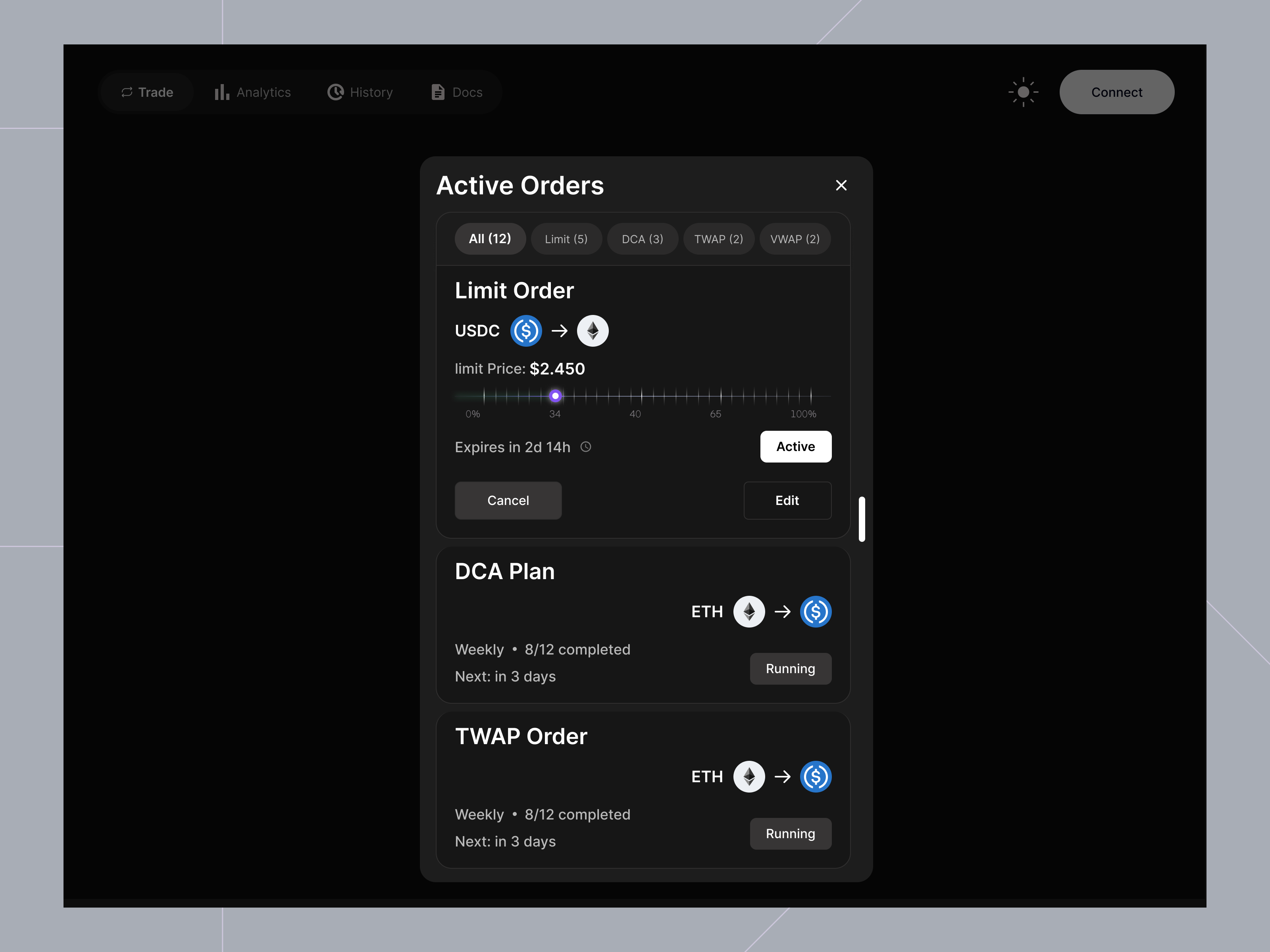 Pop Up Design | Active Orders active active orders clean ui dex my orders order management orders pop up design | web3 swap produtc