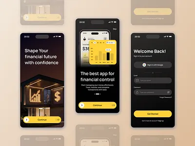 Fintech – Onboarding Flow appdesign darkmode financeapp fintech mobileui moneymanagement onboarding productdesign uxdesign