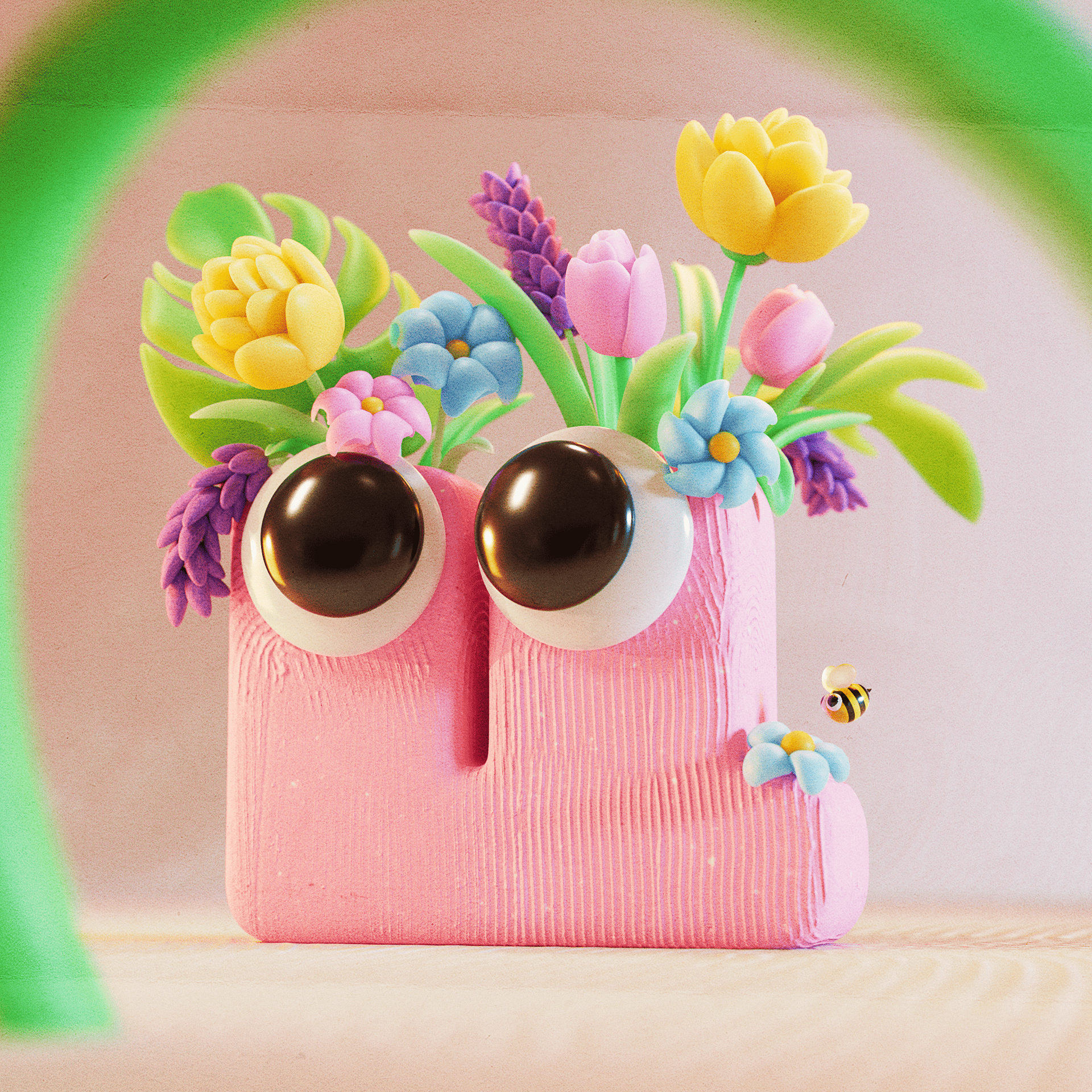 Letter Ц — 3D Alphabet Series 3d bee 3d bouquet 3d flowers 3d illustration 3d tulup 3d typography bee illustration cute character eyes 3d flavour flowers illustration kawaii style lilac monstera leaf pink vase 3d