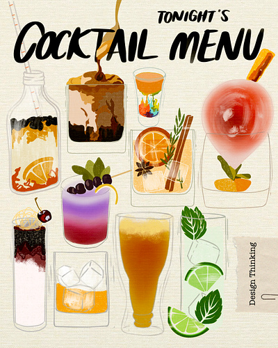 Tonight's Cocktail Menu art artwork branding cocktail cocktail menu design digital art digital illustration drawing drink drink menu graphic design illustration menu menu design poster poster design