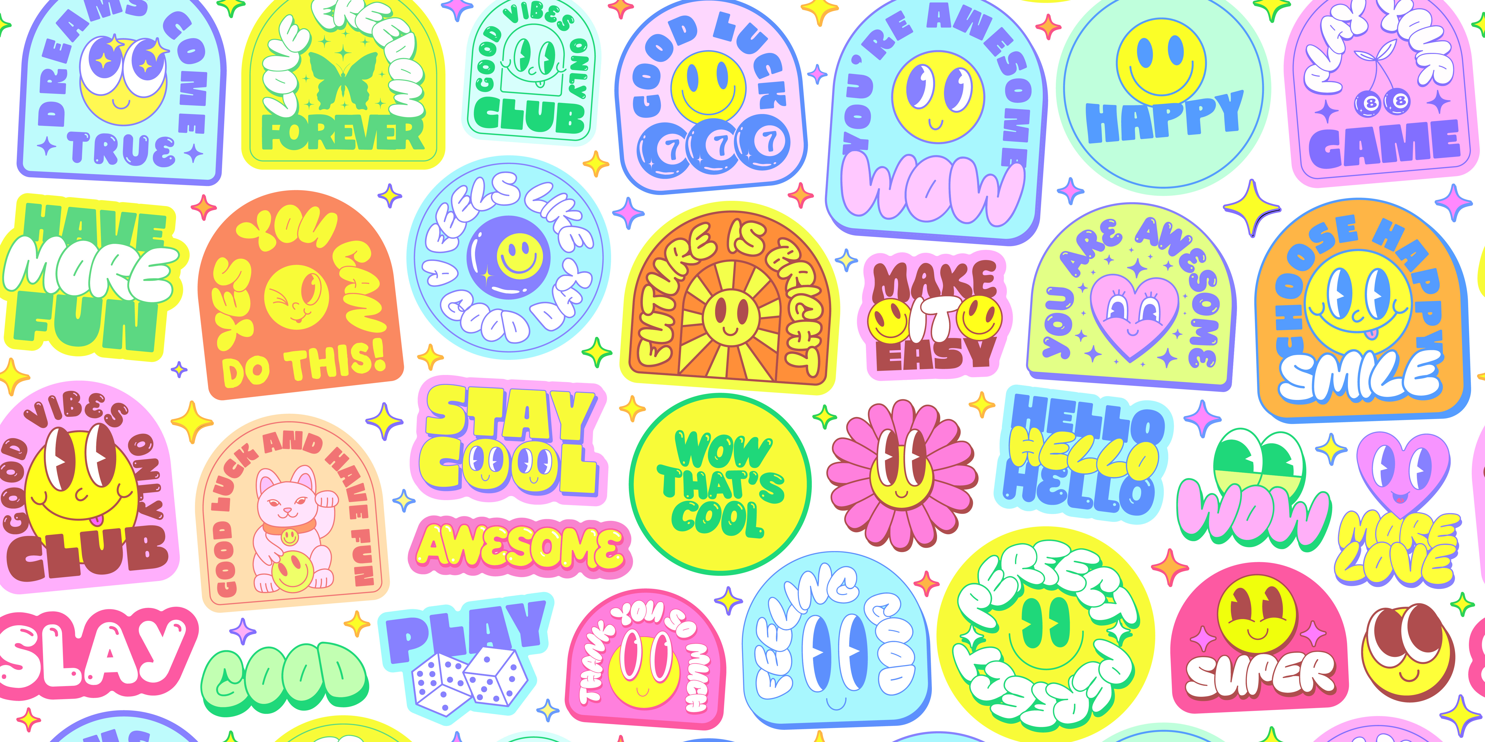 Cool Playful Y2K Stickers Collage. Funny Groovy Patches Set. 90s abstract art awesome cool easy funky funny groovy happy maneki neko patch play playful pop shine smile sticker wow y2k