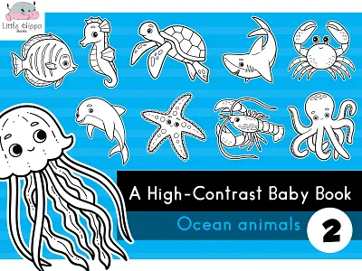 Cute Ocean Animals Characters - Baby Book (Part 2) adobe illustrator baby book black and white cartoon character character design children cute design for kids high contrast illustration kawaii marine life ocean animals sea animals vector