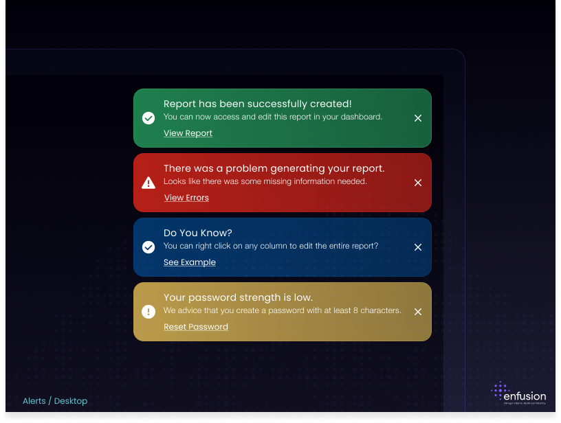 Enfusion Software - Alerts alert alerts animation components design digital interaction interactiondesign library notification notifications software softwaredesign ui ui design uidesign ux design