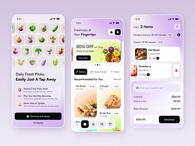 Online Grocery Shopping Mobile App cart screen clean ui consumer app daily essentials delicery app e commerce ecommerce app food delivery app grocery app grocery delivery grocery store ios app mobile app mobile app design online shopping order tracking product design shopping app ui ux