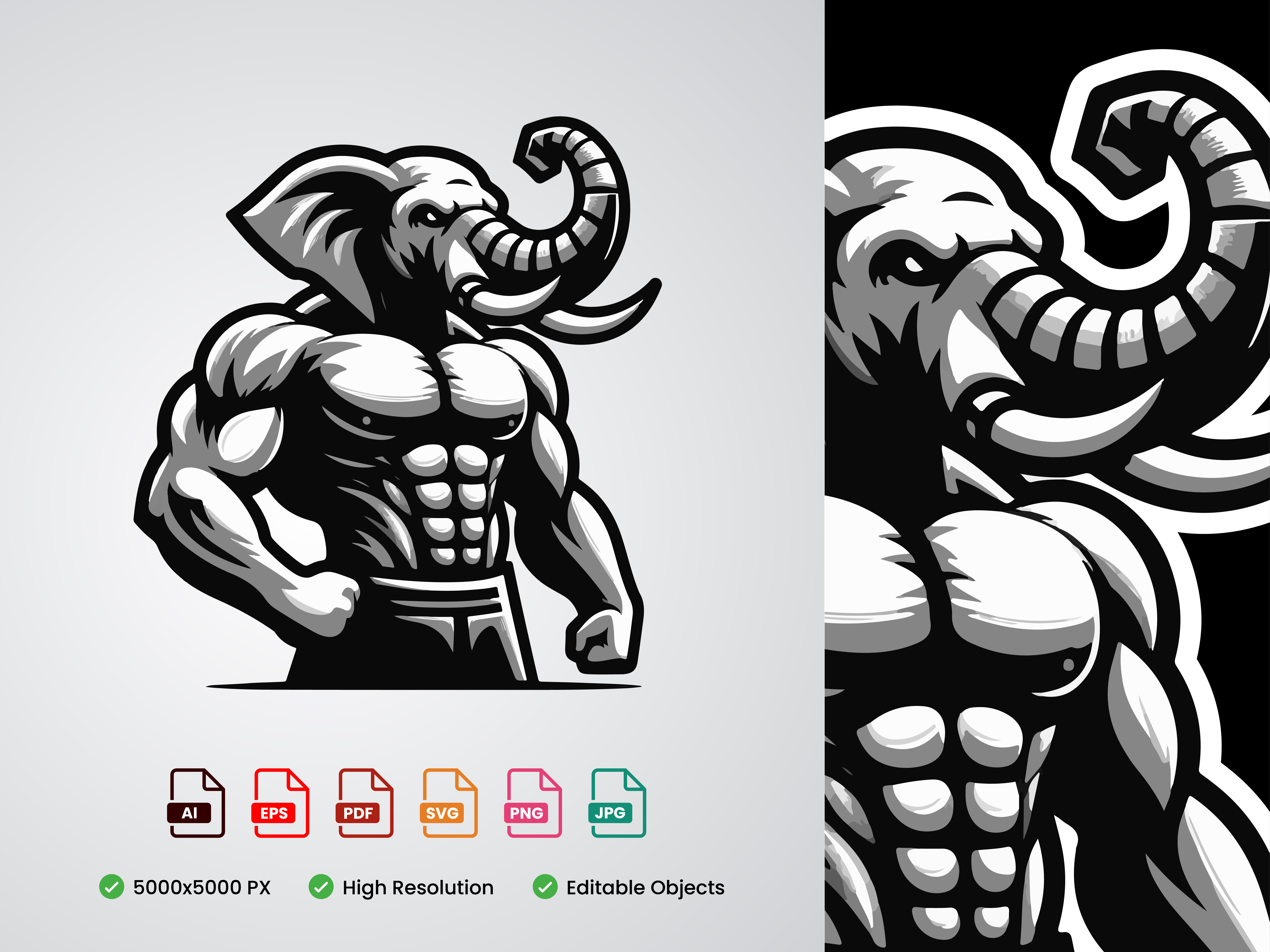 Iron Tusk Mascot Design beast mode bodybuilding branding elephant fitness gym heavy illustration logo mascot monochrome muscular pachyderm power sports strength tough training vector workout