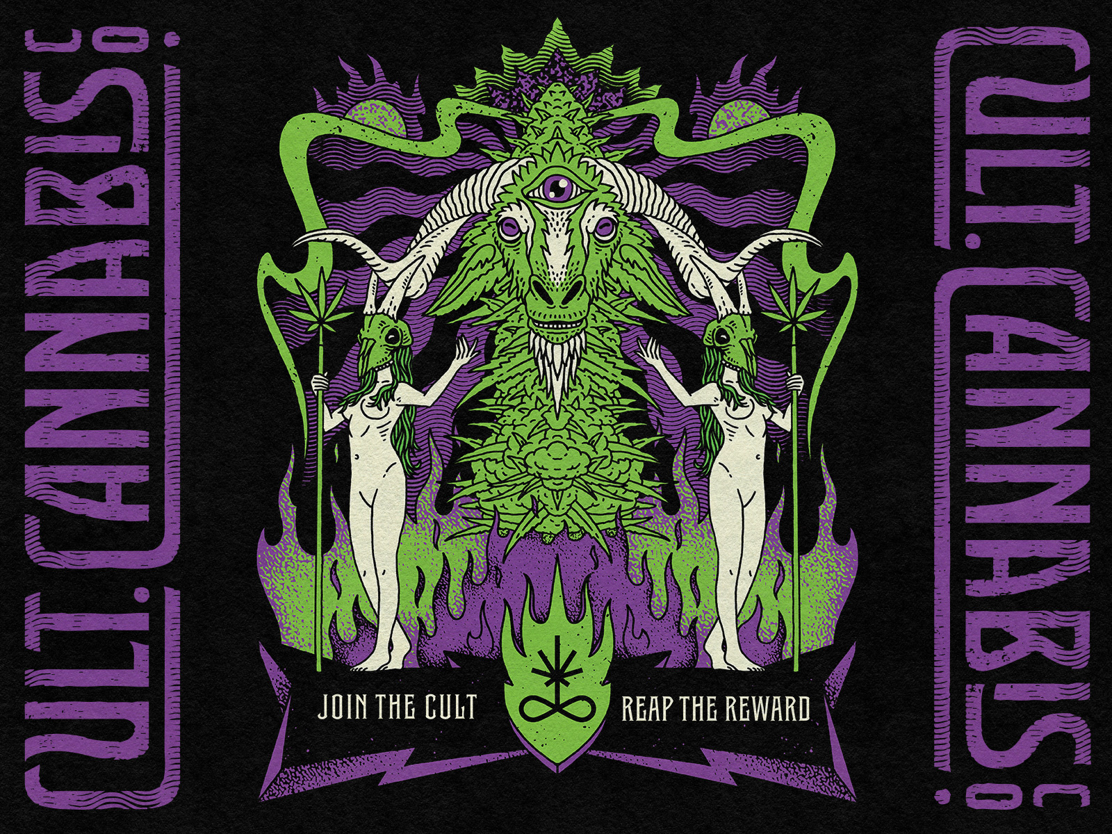 Cult Cannabis Co. abstract apparel design branding cannabis devil fire goat goddess graphic design grunge guardian halftone illustration logo design marihuana mystic occult stamp t shirt design third eye