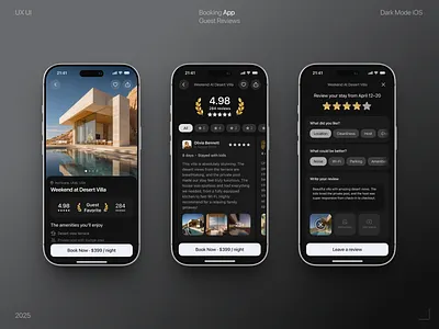 Hotel Booking App – iOS Product app booking cta darkmode guests hotel mobile ux property ratings reviews