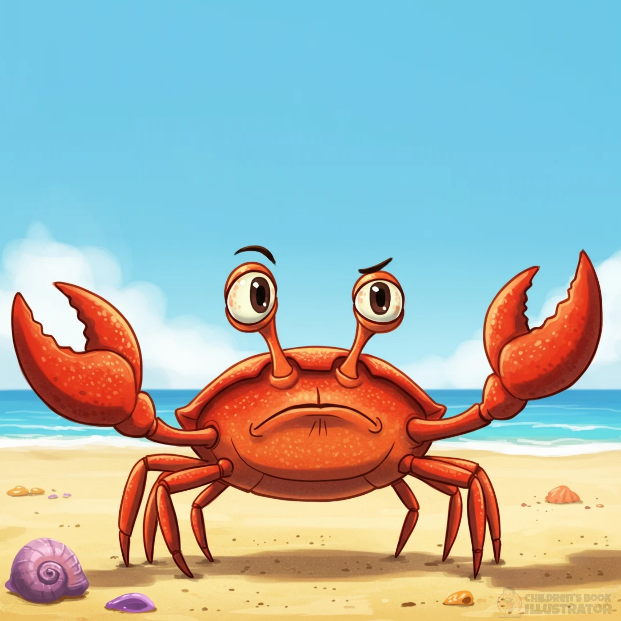 🦀 The Grumpy Guardian | Children’s Book Character Design 2d character beach illustration character design character expression childrens book illustration childrens publishing concept art cute animal character digital art 2026 grumpy crab kids book art mascot design ocean life illustration picture book design portfolio 2026 sea creature art storybook artist vibrant illustration visual storytelling whimsical art