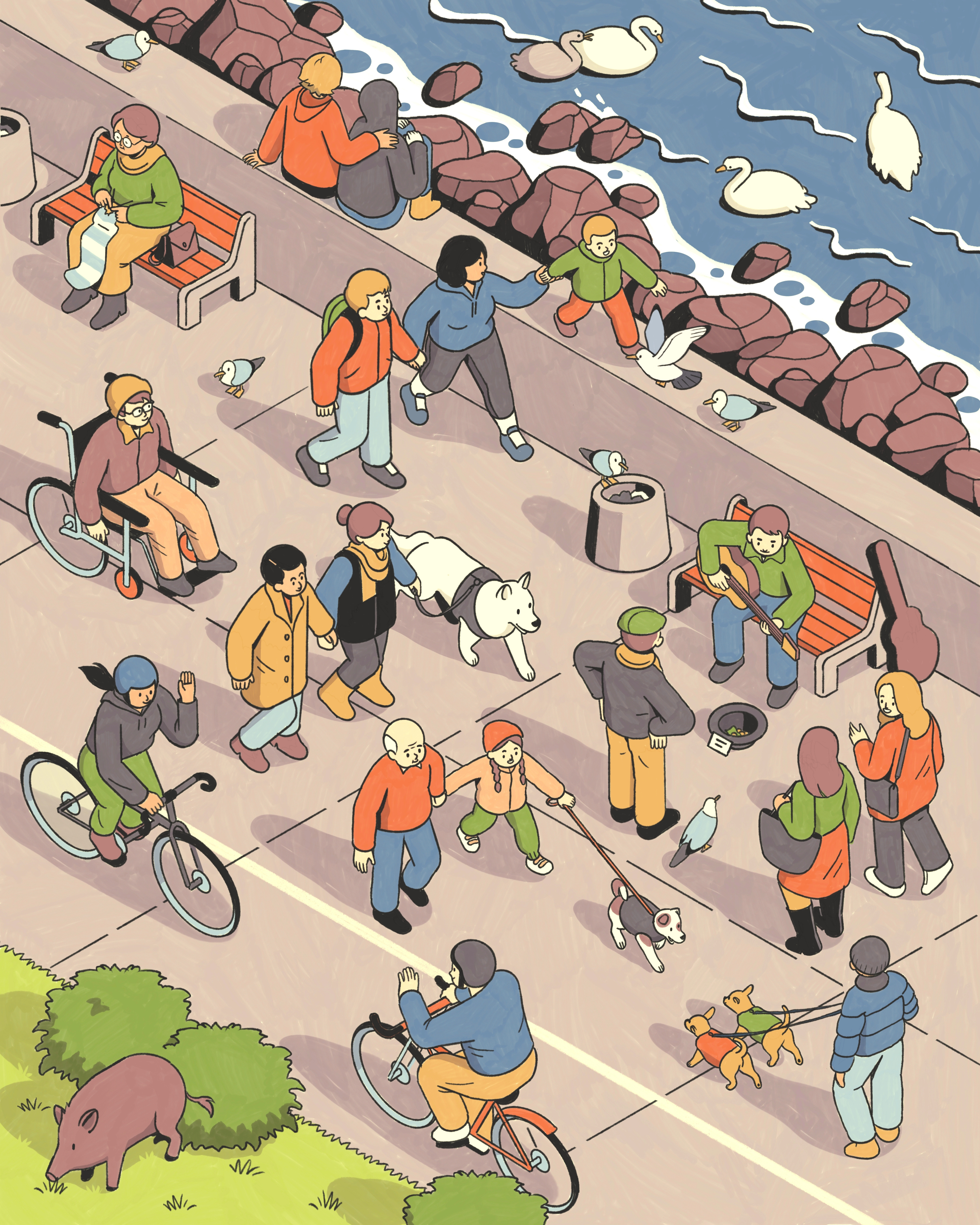 Boulevard in Gdynia characterdesign editorial illustration isometric midcentury