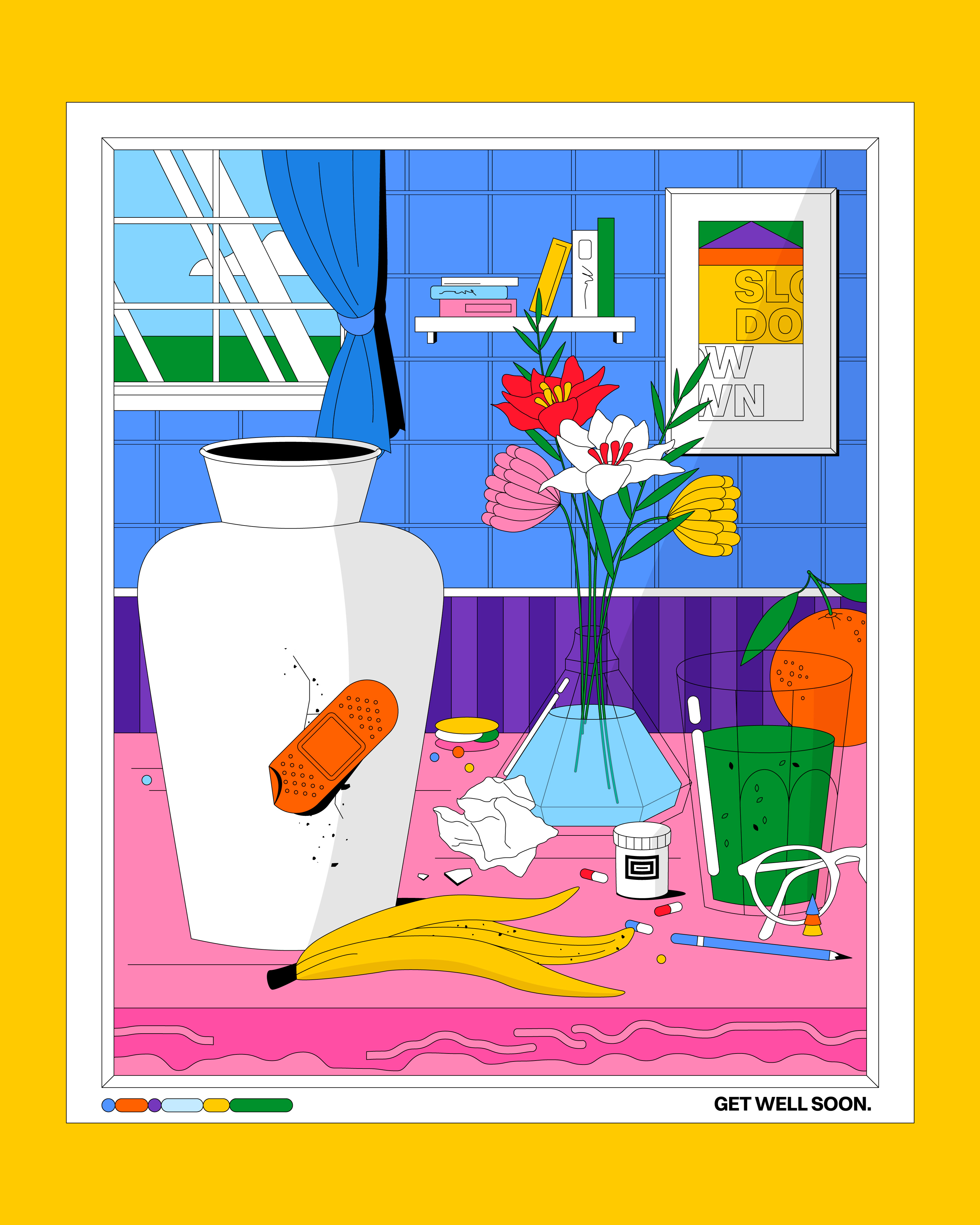 Get Well Soon 🌼🍊☁️ color art color palette colorful colors design editorial flower flowers health illustration magazine illustration realistic illustration self care still life vase vector vector art vectorart vibrant colors yellow