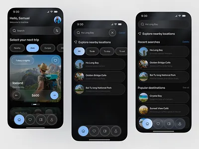 Travel Guide App – Tour Booking UI ai startup app concept app ui ux design booking app clean ui exploration app guide app minimal design mobile mobile app mobile app design mobile ui modern app product design tour booking travel app travel guide trip planner uiux web design
