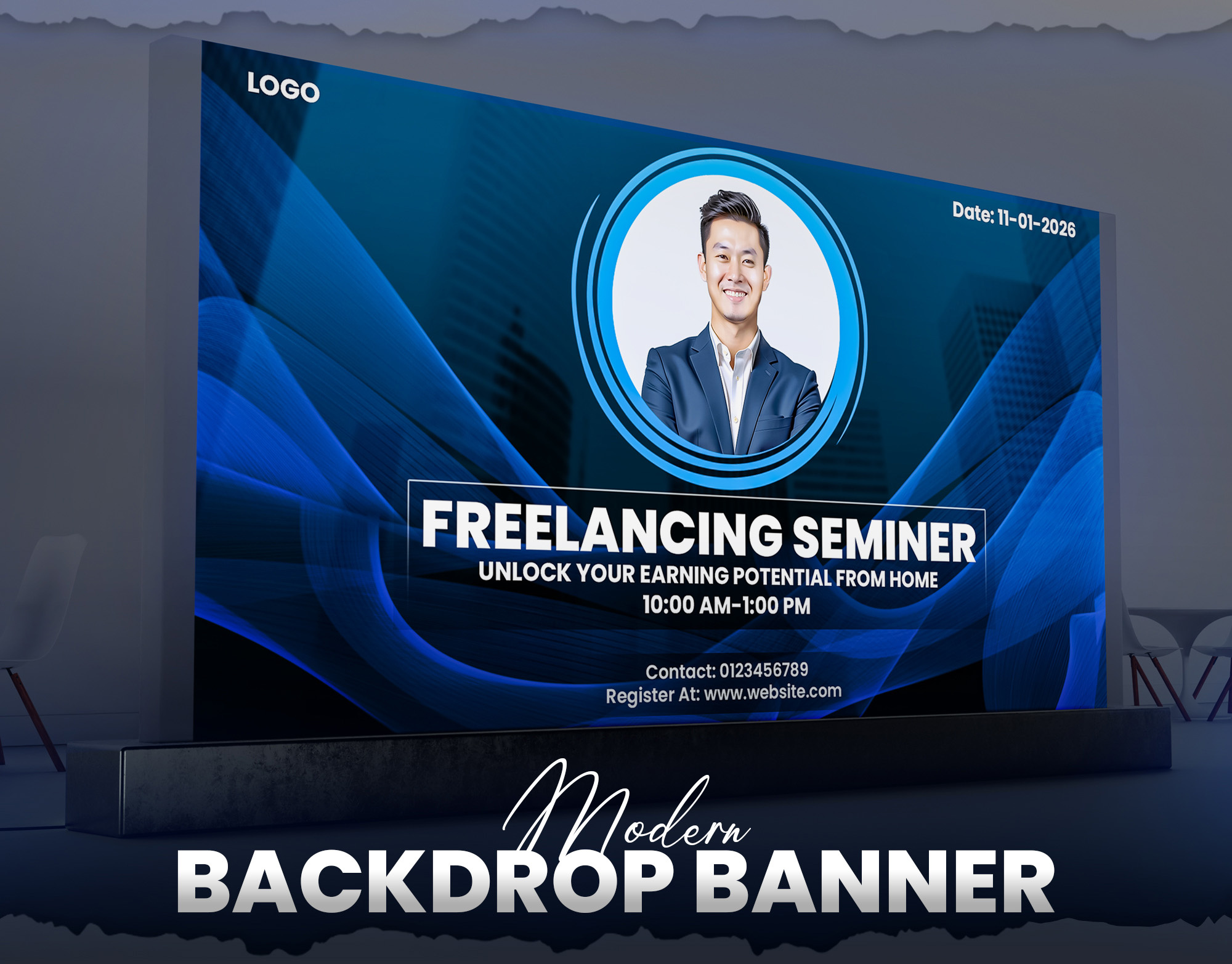 Modern Backdrop Banner Design for Seminar backdrop banner branding design conference design corporate banner event banner graphic design large format design modern banner print design seminar banner visual design