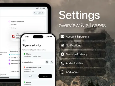 Settings. Complete overview and all cases account appearance audio video biometric blocked users face id ignored users notifications passcode personal information product product design sessions settings sign in activity signed documents touch id ui ux