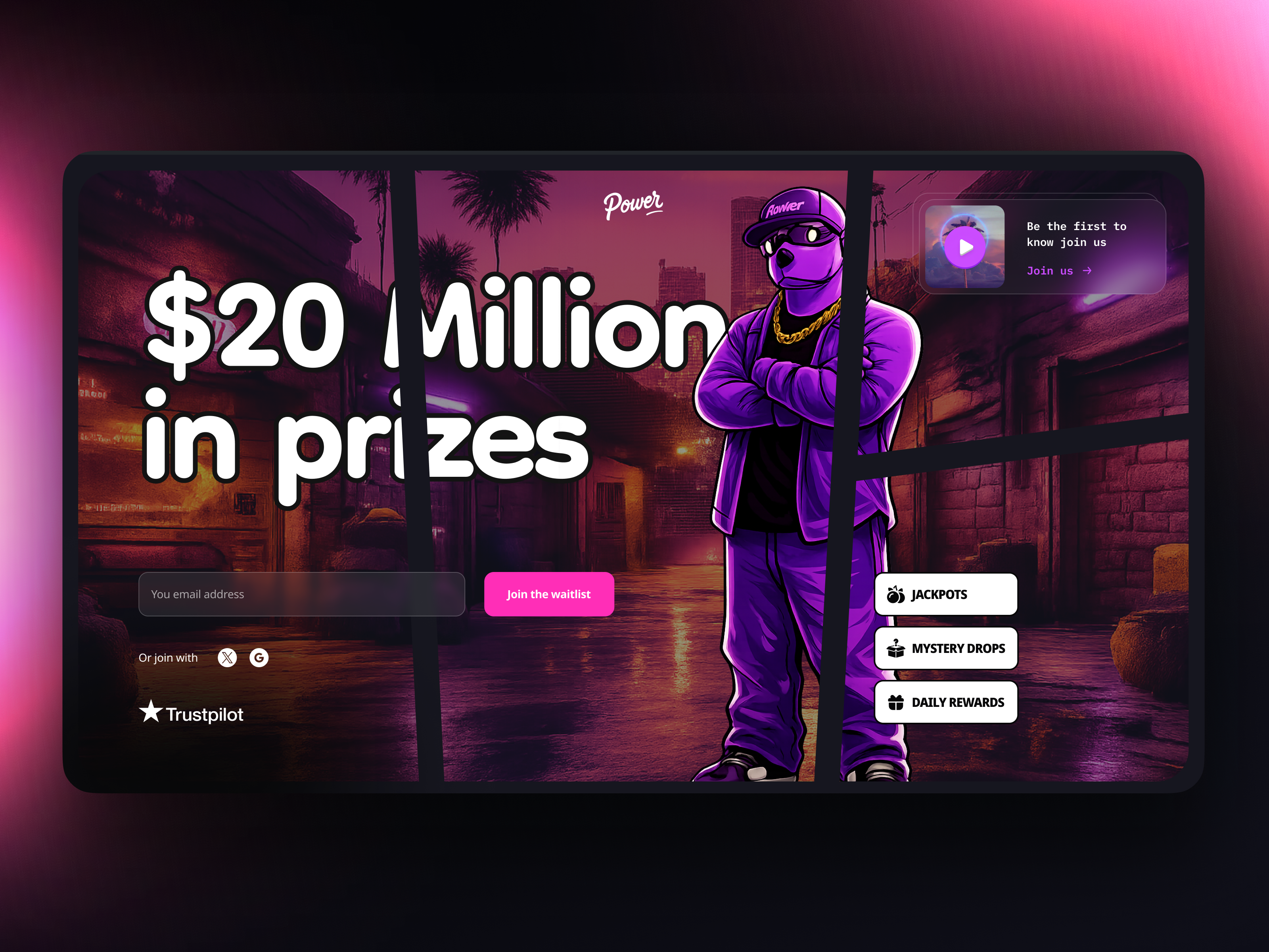 Power Lottery — Dark Neon Landing Page for Web3 Gaming Platform blockchain conversion crypto crypto design cryptocurrency dao dapp dark ui fintech gaming gta style lottery neon startup token launch waitlist web3