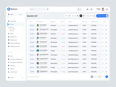 Medical Admin Dashboard - Doctors List admin dashboard clinic dashboard clinic management doctors list health dashboard health management health tech hospital dashboard hospital management medical dashboard medical landing page patients list product design