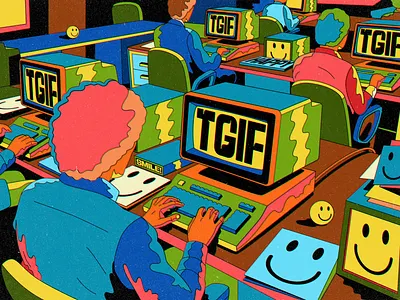 TGIF design figurative art fun human illustration motivation pop art positive thinking psychedelic retro smile surreal typography vector vintage weekend