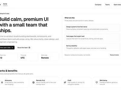 Careers Landing Page — Modern Hiring Experience careers page clean ui dashboard ui hiring hr tech jobs portal landing page modern interface product design recruitment responsive design saas ui design web design