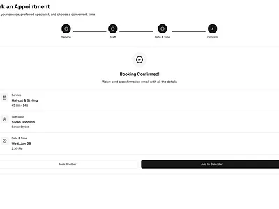 Book an Appointment - Confirmed appointment booking appointment scheduler booking flow booking system calendar ui form flow scheduling ui service selection stepper ui time slots
