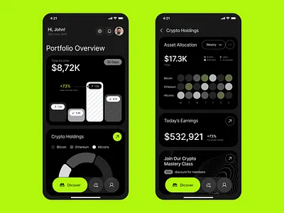 Dark-Mode Crypto Portfolio Dashboard — Clean Finance UI app crypto dark mode dashboard data visualization design finance fintech graphic design illustration interface minimal ui mobile app portfolio tracker product design ui ux