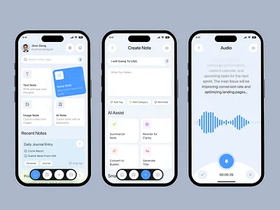 Smart Notes App – Mobile UI/UX Design ai ai app ai assistant ai notes ai personal assisant app application digital notes iosapp note note taking note taking app pixelean saas ai sahin mia smart app uiux ux design voice recorder