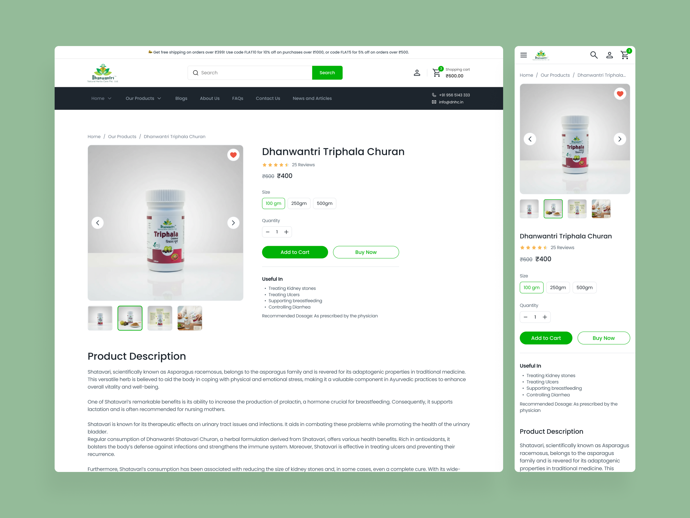 Product Detail Page · Responsive E-Commerce Website ayurveda buynow carousel ecommerce green health menu msite onlineshopping product productdescription productdetailpage responsive searchbar topnav wellness wishlist