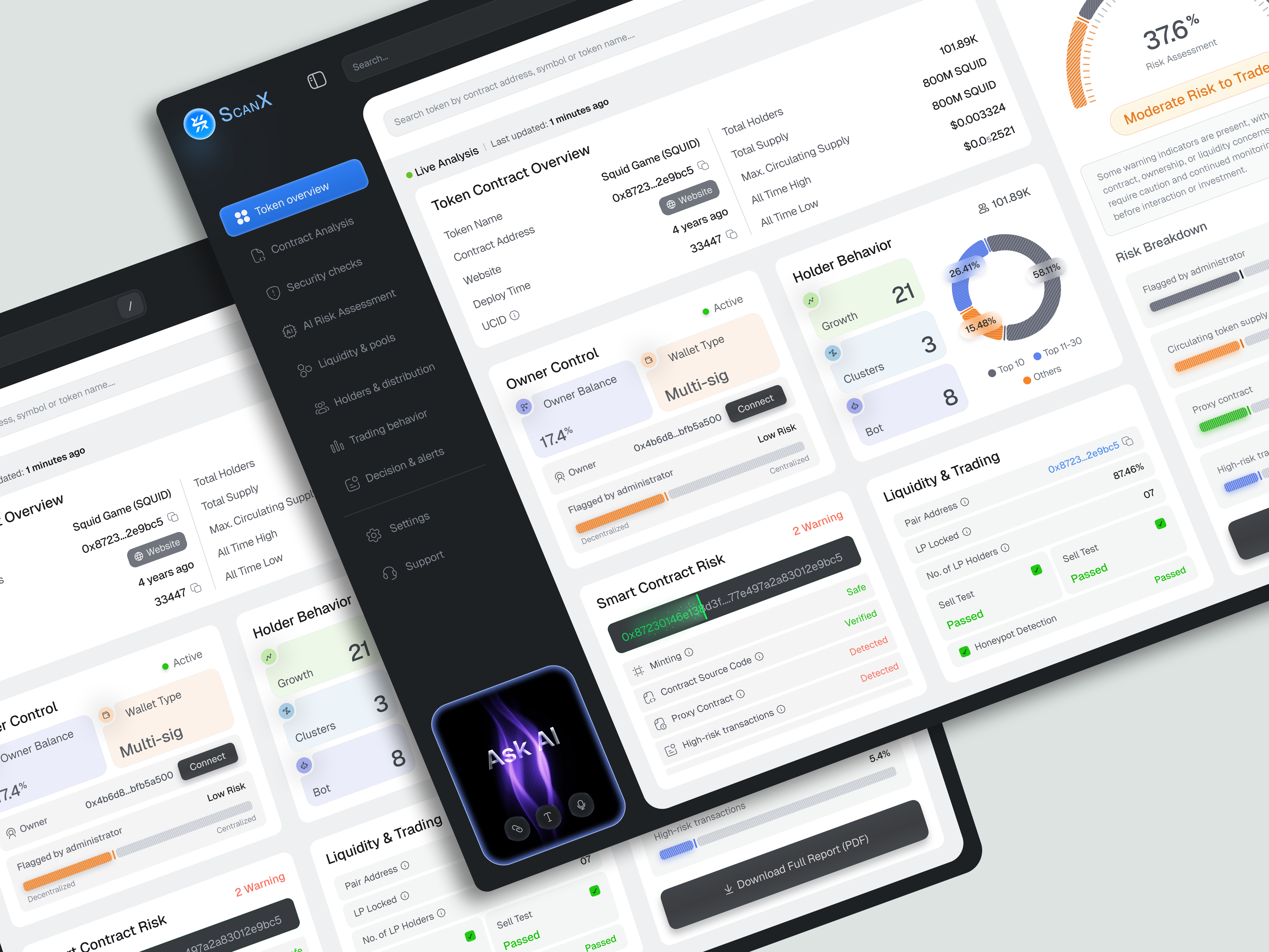 Crypto Scam Detection Dashboard UI ai aiproduct blockchain ui crypto security dashboardui defi security fintech ui fintechdesign on chain analysis risk detection scam detector security dapps startup ui startupdesign uiux wallet scanner web3 web3 design web3 security web3ui