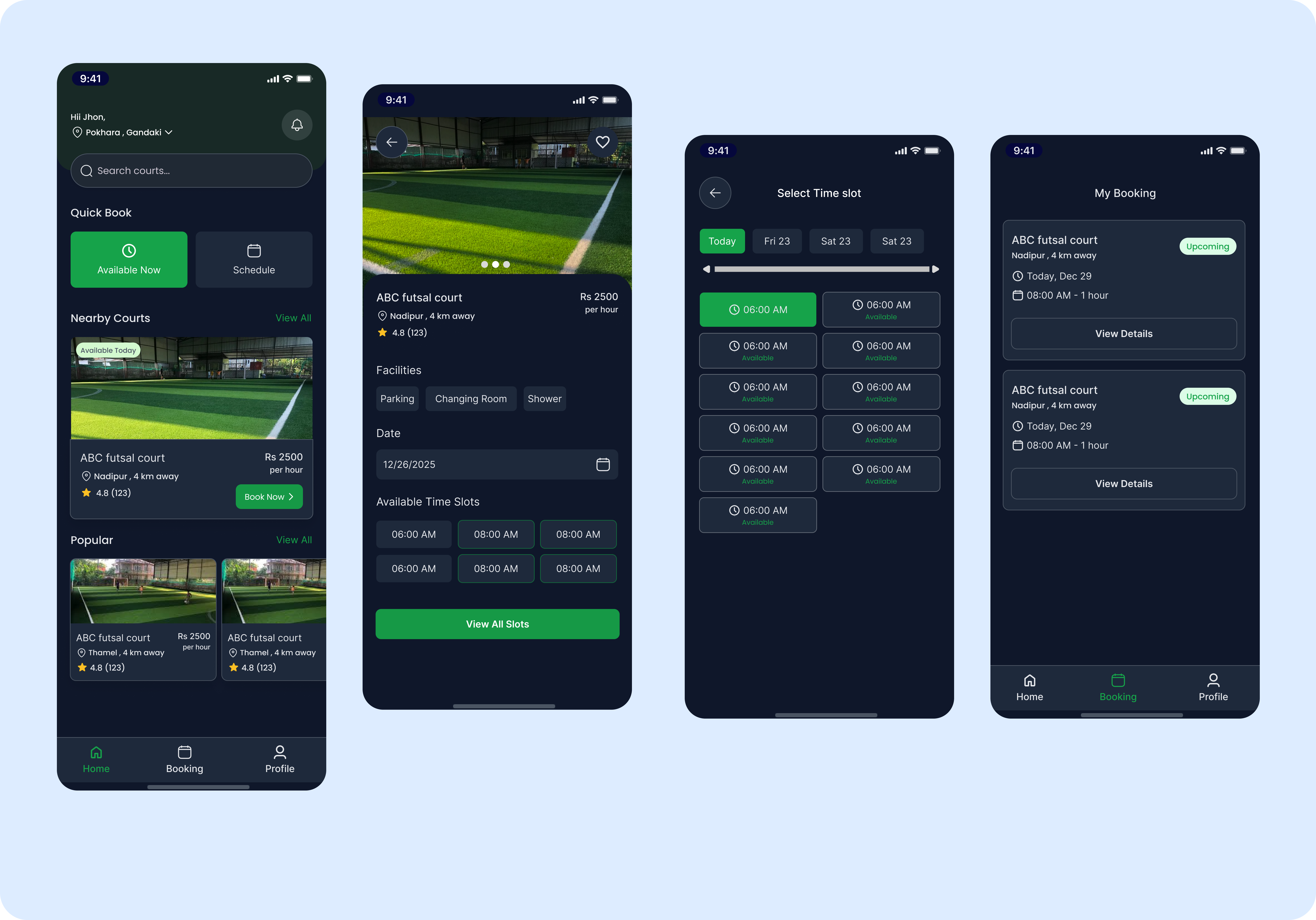 Futsal mobile app UI design - Dark M creativedesign designinspiration futsaldarkmode mobileappdesign productdesign uidesign uiux uiuxdesign userinterface