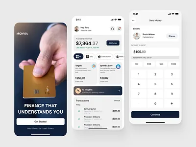 Monvia – AI-Driven Finance App ai ai finance app design banking app budget app design finance finance app fintech fintech app investment ios light theme mobile mobile app product design send money ui uiux ux