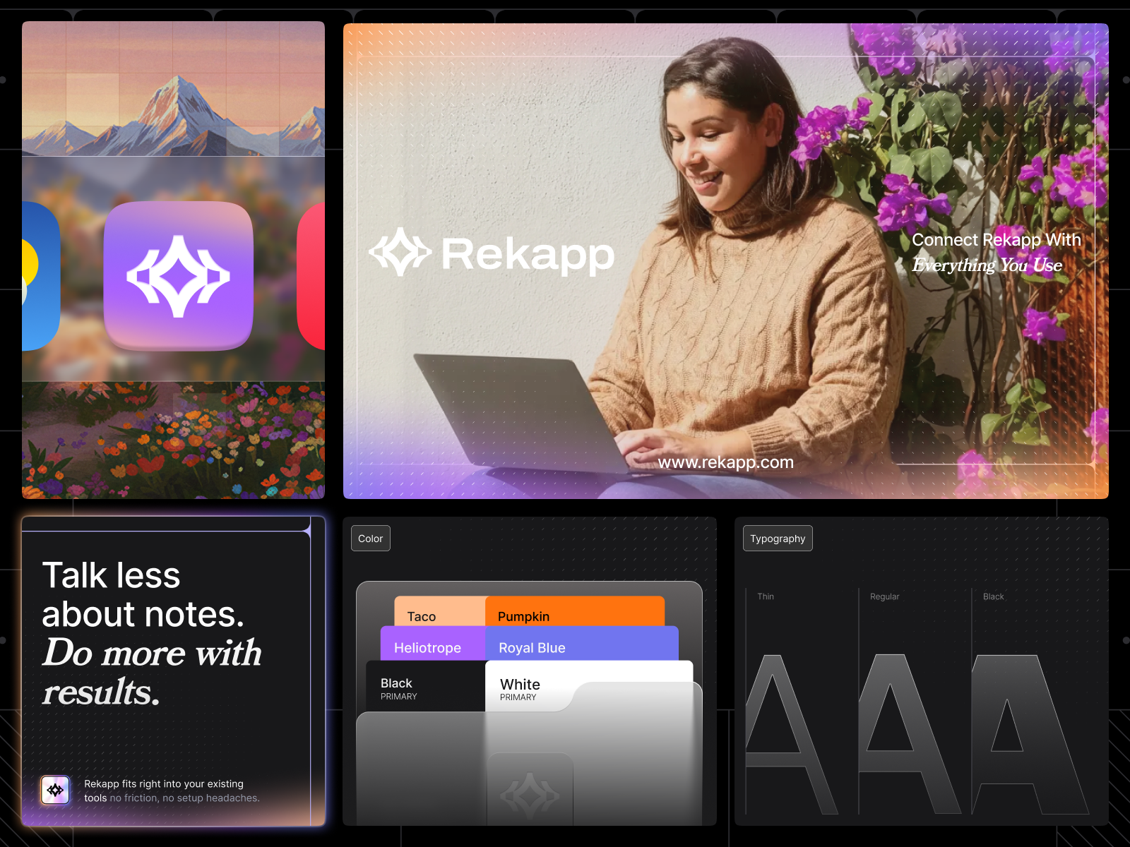 Rekapp-Visual Identity ai ai product branding dark design digital product graphic design icons logo modern logo productivity tool purple saas branding startup design typography visual identity
