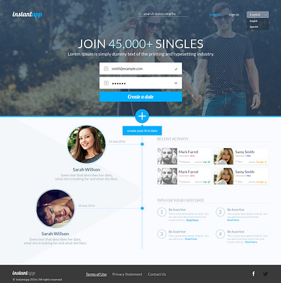 Instantapp | Dating app app blue branding contact form dating design form homepage photosop search single ui web website