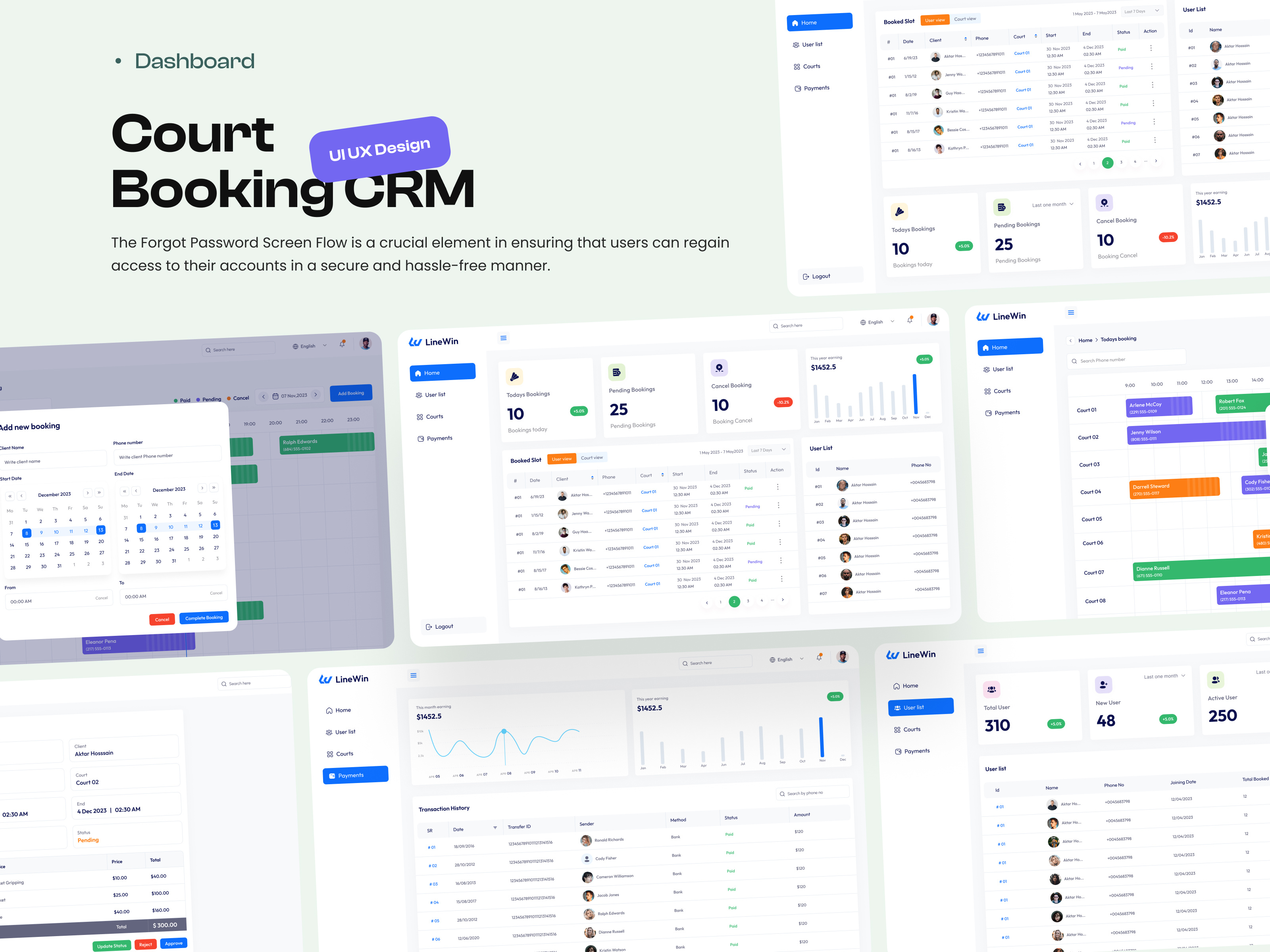 LineWin Court Booking CRM booking management court booking crm crm dashboard dashboard ui design system management system onboarding process product design saas platform ui ux design web app web app design