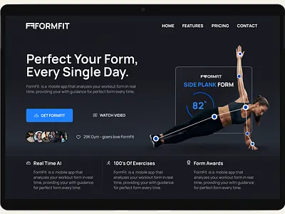 FORMFIT — Fitness App Landing Page animation casestudy darkui design dribbble dribbblecommunity dribbbledesign figma fitnessapp illustration landingpagedesign productdesign ui uidesign uiux