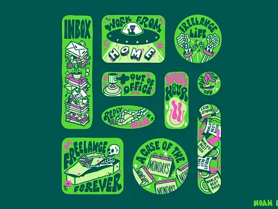 Sticker Sheet Illustrations alien aliens artist brooklyn design graffiti graphic design green illustration new york noah levy procreate skeleton skull sticker design stickers