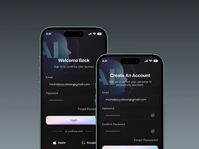 Ai FlowMate – Smart Login & Sign Up Experience ai assistant ai powered ai productivity app app authentication dark ui ios app design login screen minimal interface mobile app design modern ui onboarding experience productivity tools saas app sign up flow smart planning startup app task management ui ux design user experience workflow automation