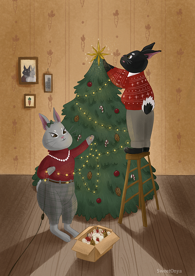 Dressing Up A Christmas Tree 2d animals book illustration bunny cartoon celebration character design children illustration christmas digital art family illustration picture book rabbit stylized vintage