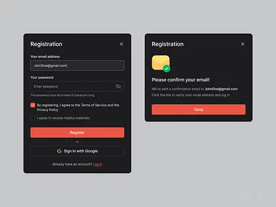 Sign-up form & Confirm email dark mode email verification form log in register registration registration form sign up sign up ui ui user onboarding uxui design