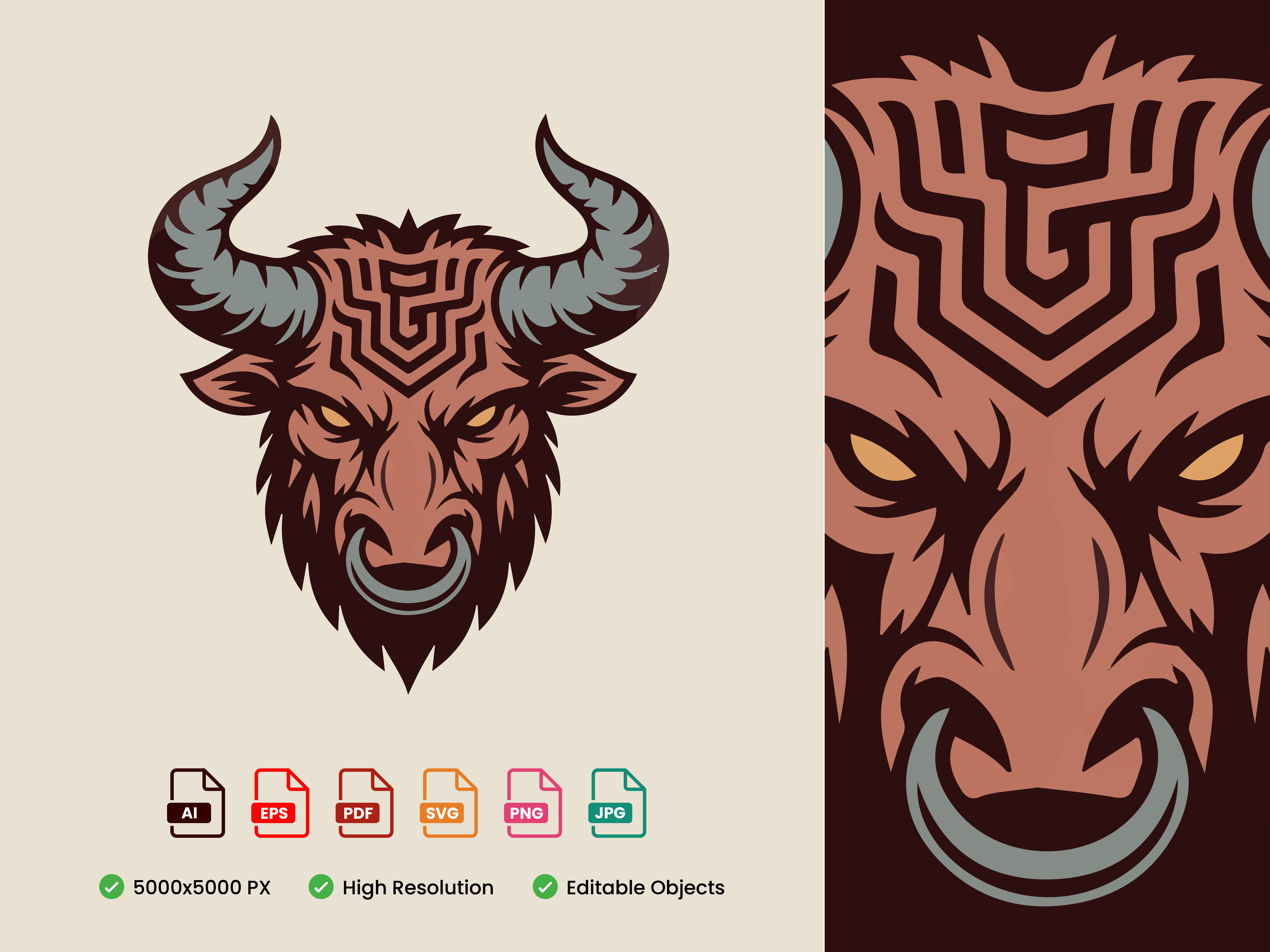 Mythological Minotaur Head Design adaptable animal apparel athletic brand identity bull charging expandable. fitness gaming geometric horns illustration logo mascot merchandise power strength tribal vector