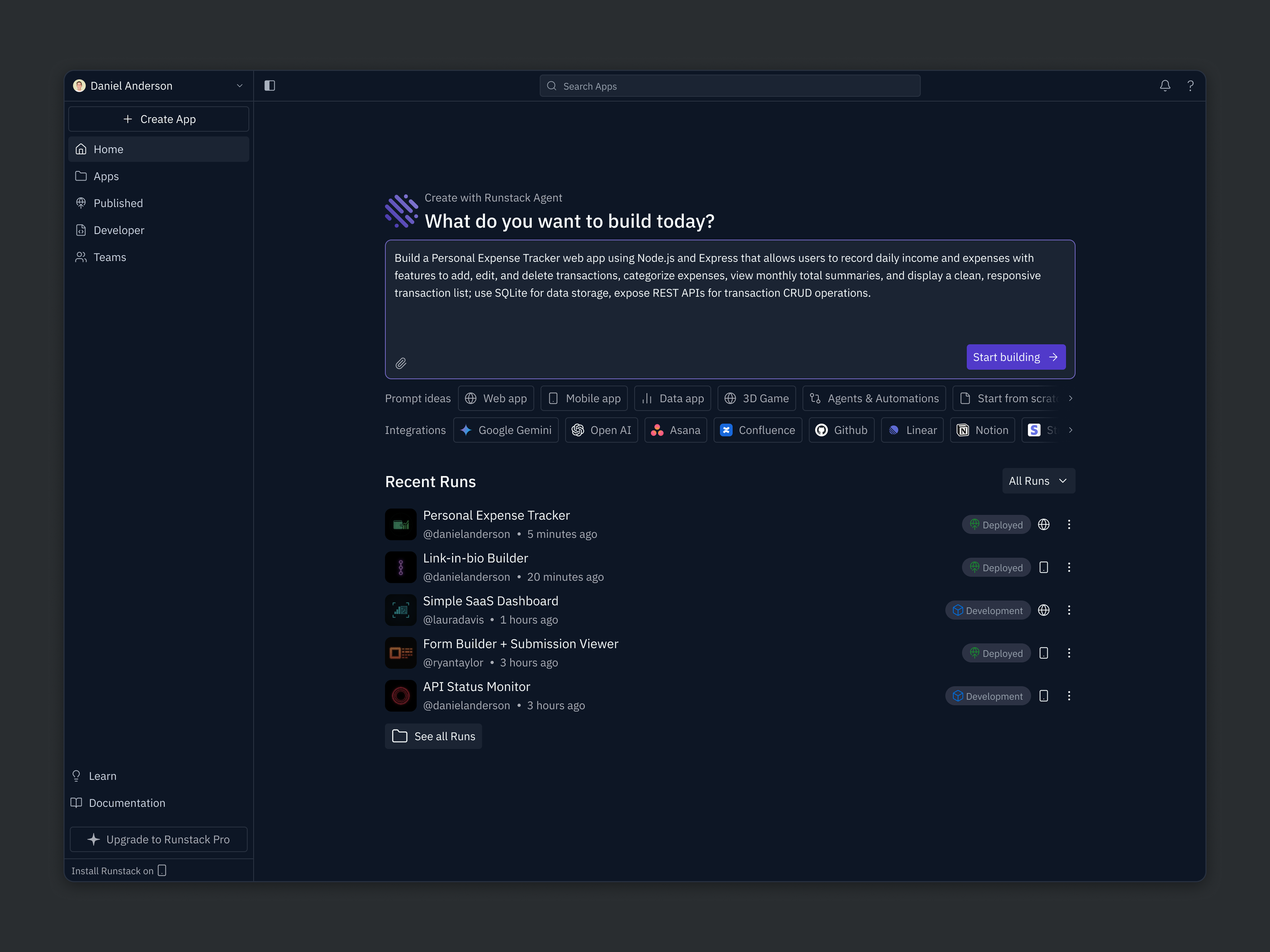 Runstack - Cloud Based Coding Platform ai automation builder cloud dark darkmode darkui dashboard development integration platform prompt ux