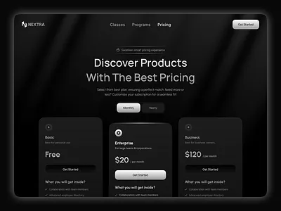 Modern AI Pricing Page — Dark UI application design artificial intelligence b2b cards crm generative ai landing page modern plan selection price table pricing cards pricing overview pricing page pricing plan pricing plans pricing table saas upgrade plan upgrading web design